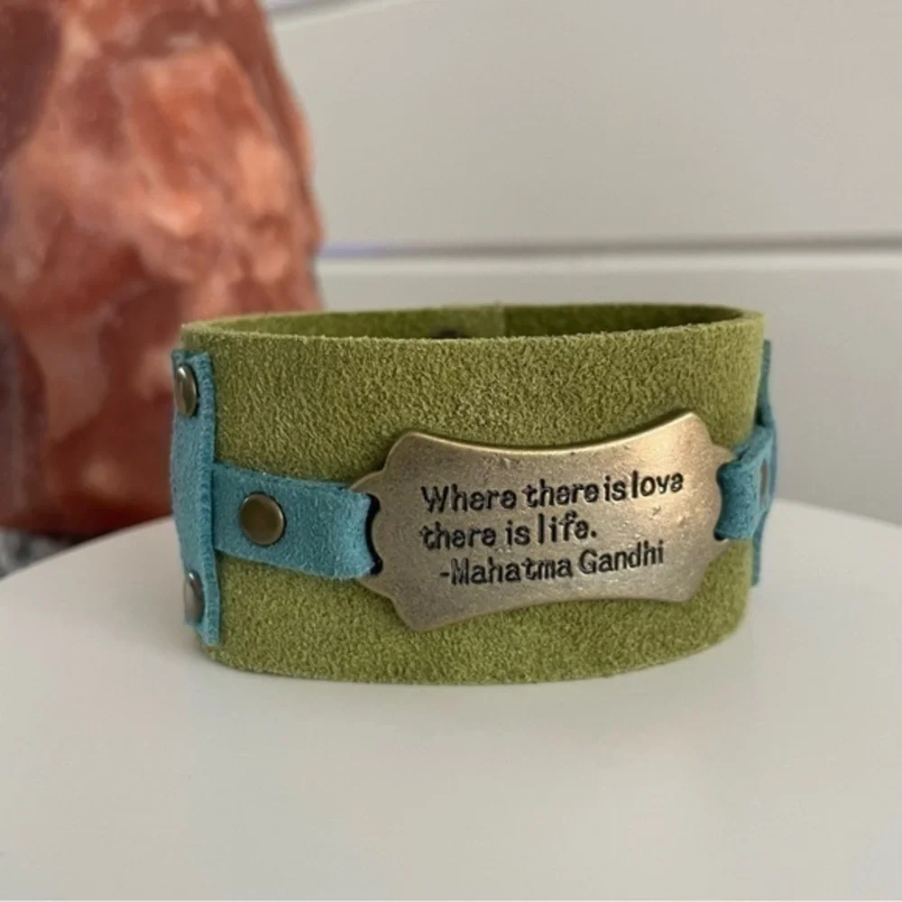 $49 SALE Handmade Cuff Bracelet Ghandi Love Life Blue Green Suede Men Women